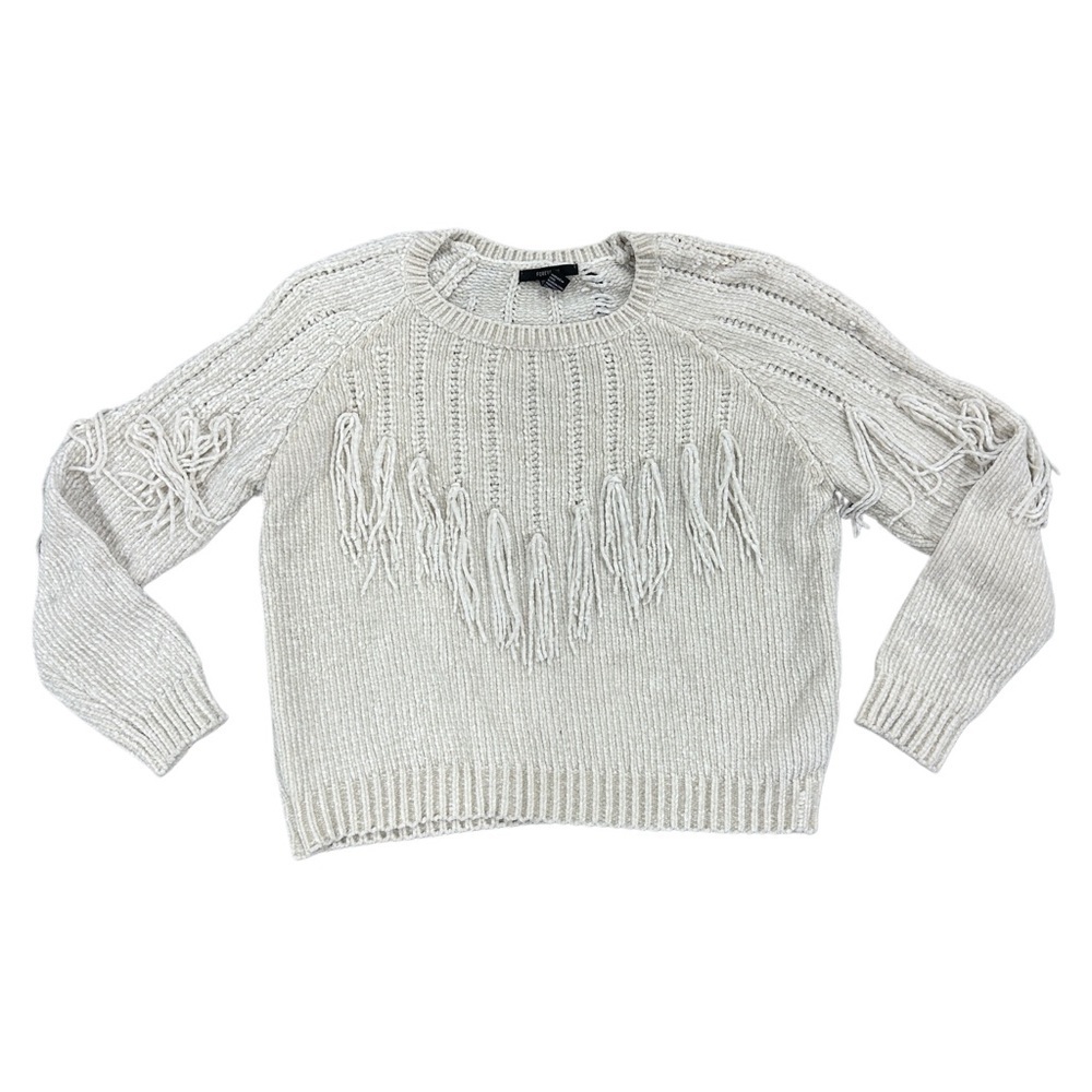 Forever 21 Off White Fringe Knit Sweater Size Large - Picture 2 of 7